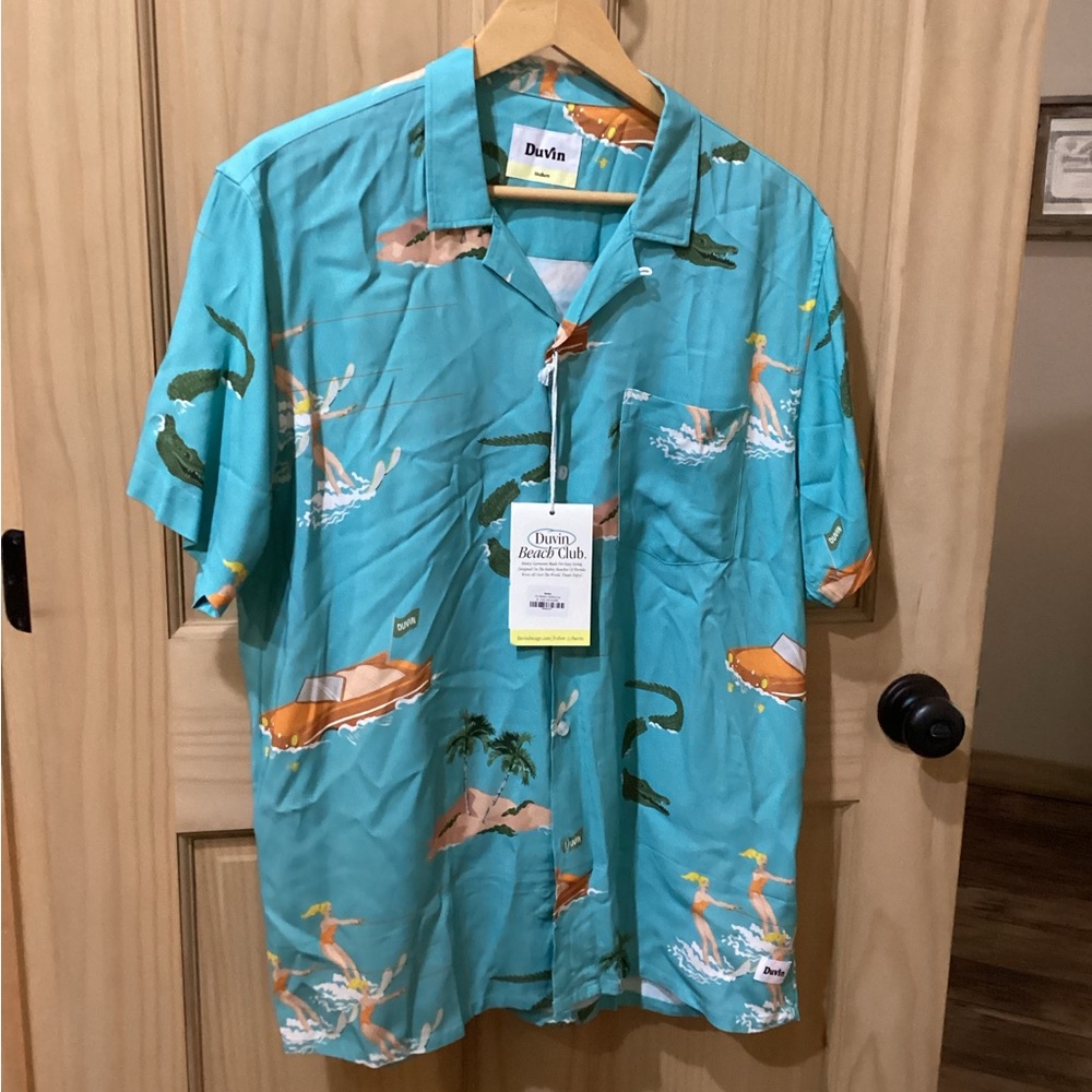 Duvin Men's Blue Tropical Cocktail Shirt Ski Babes